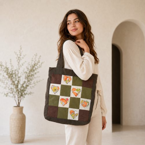 Egyedi patchwork válltáska újrahasznosított textilekből - Narancsvirágos szívek