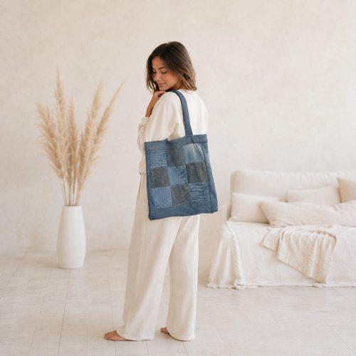 Egyedi patchwork válltáska újrahasznosított textilekből - Kék kockamozaik