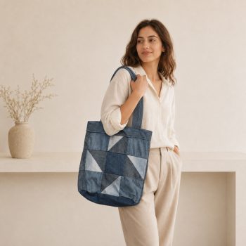   Egyedi patchwork válltáska újrahasznosított textilekből - Jégkék geometria