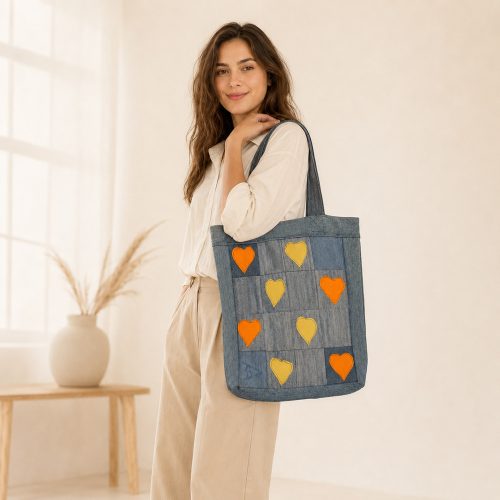 Egyedi patchwork válltáska újrahasznosított textilekből - Napsugár szívek