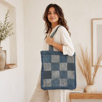   Egyedi patchwork válltáska újrahasznosított textilekből - Klasszikus farmerkocka