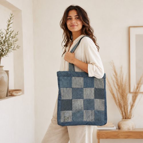 Egyedi patchwork válltáska újrahasznosított textilekből - Klasszikus farmerkocka