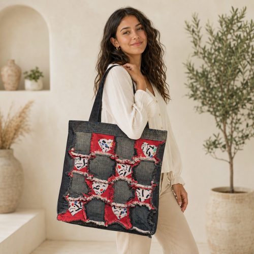 Egyedi patchwork válltáska újrahasznosított textilekből - Piros szívek